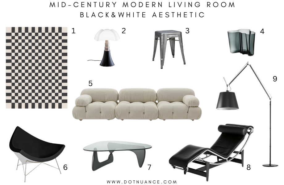 black and white aesthetic MCM living room