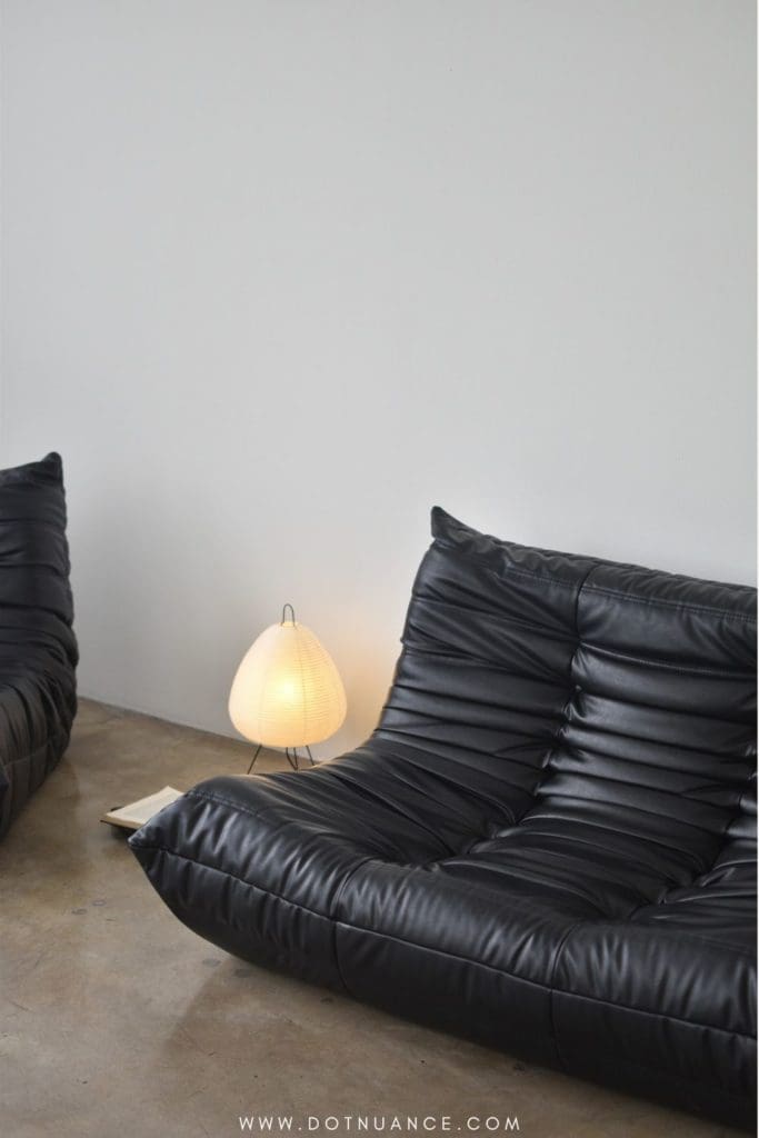 paper lamp decor ideas - akari table lamp - black togo sofa