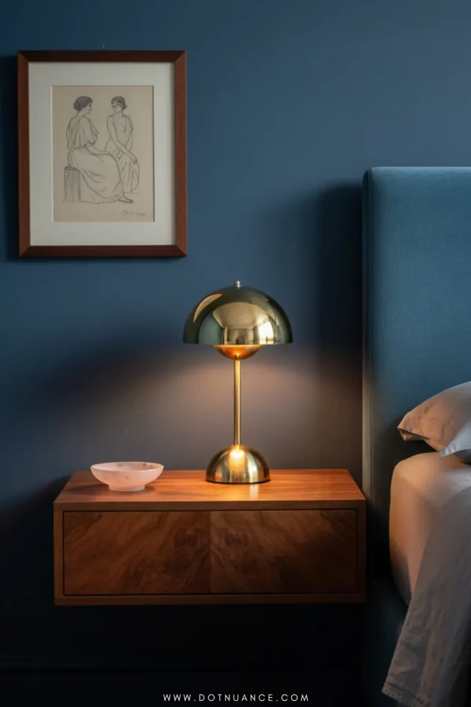Golden Flowerpot Table Lamp & Dark Blue Bedroom - Moody bedroom design design & Home decor