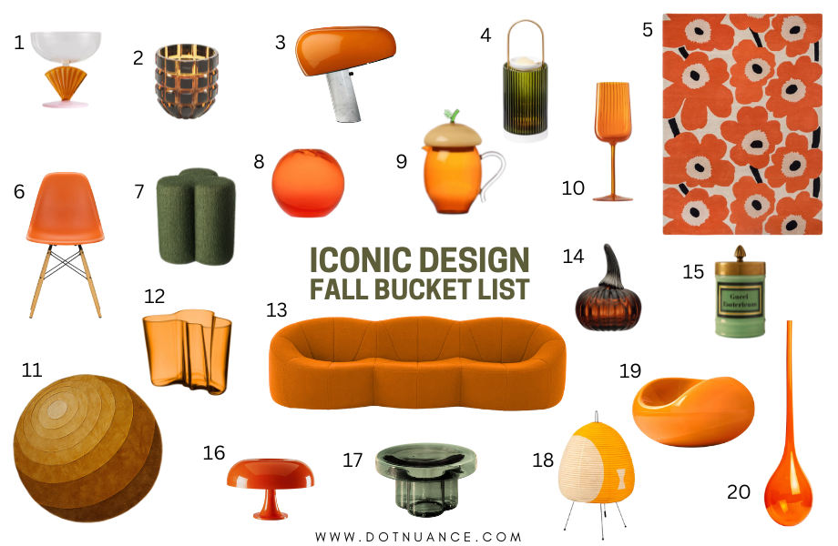 Iconic design fall decor - halloween decor - pumpkin sofa, Nessino table lamp, Marimekko orange, Iittala pumpkin.