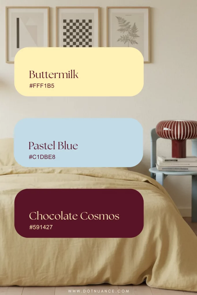 Butter milk color palette with pastel blu and chocolate cosmos