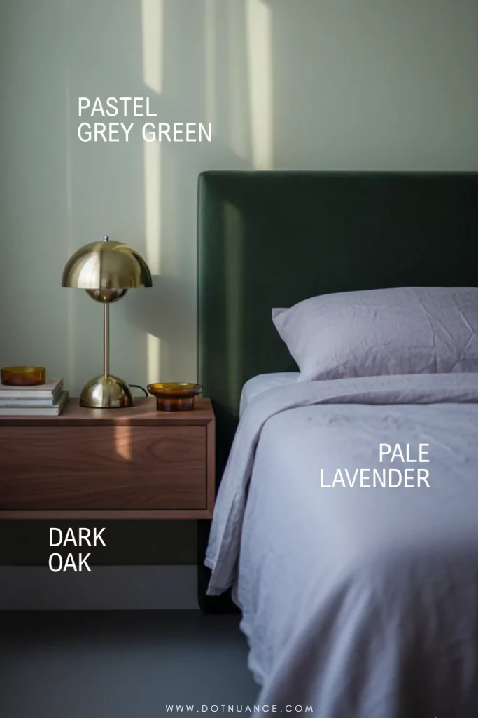 2026 color palette ideas - pastel grey green, pale lavender, dark oak