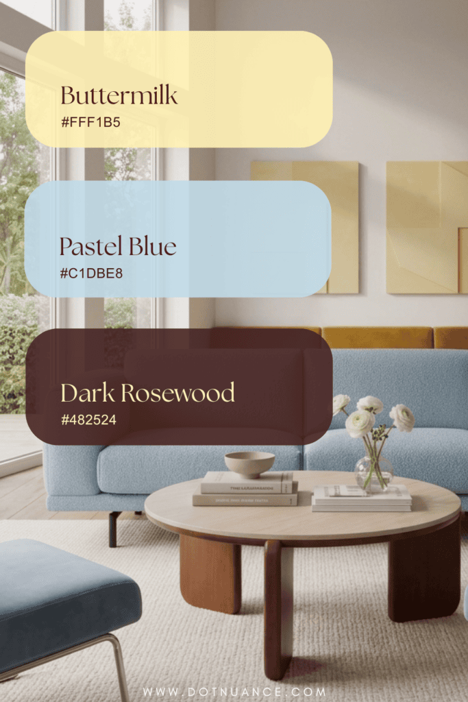 Butter yellow, pastel blue, dark rosewood color palette with round coffee table and blue sofa