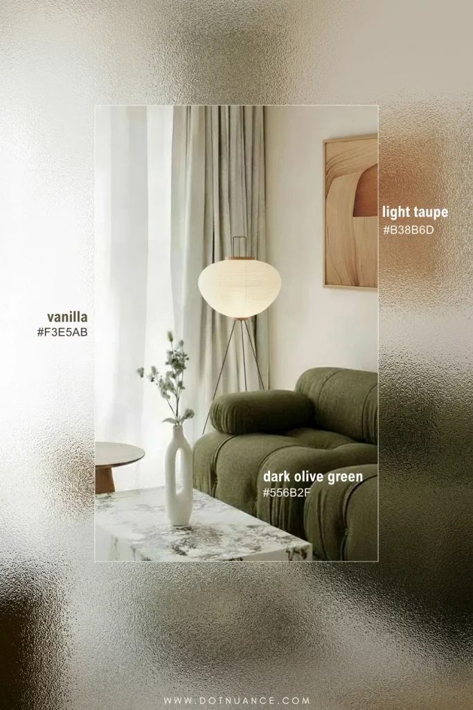 color palette ideas - vanilla, light taupe, dark olive green