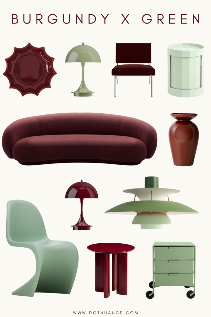 Burgundy and green color palette interior design
